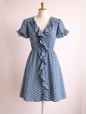 lil by Anthropologie 100% Silk Blue Polka Dot Dress